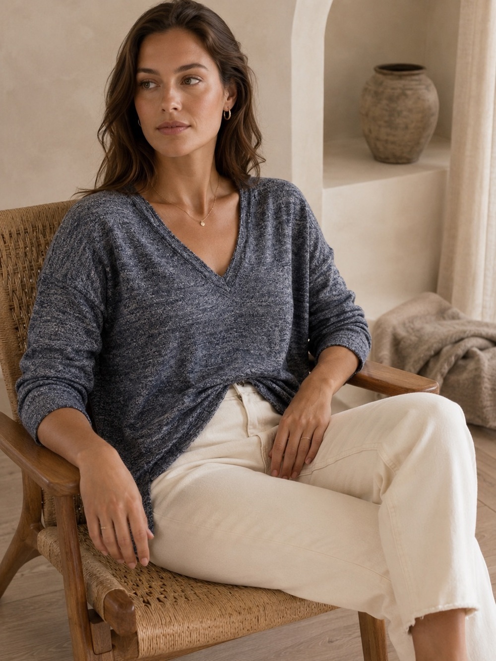 J.Crew Merino Linen Double V Neck Knit Top Sweater Blue Relaxed Small